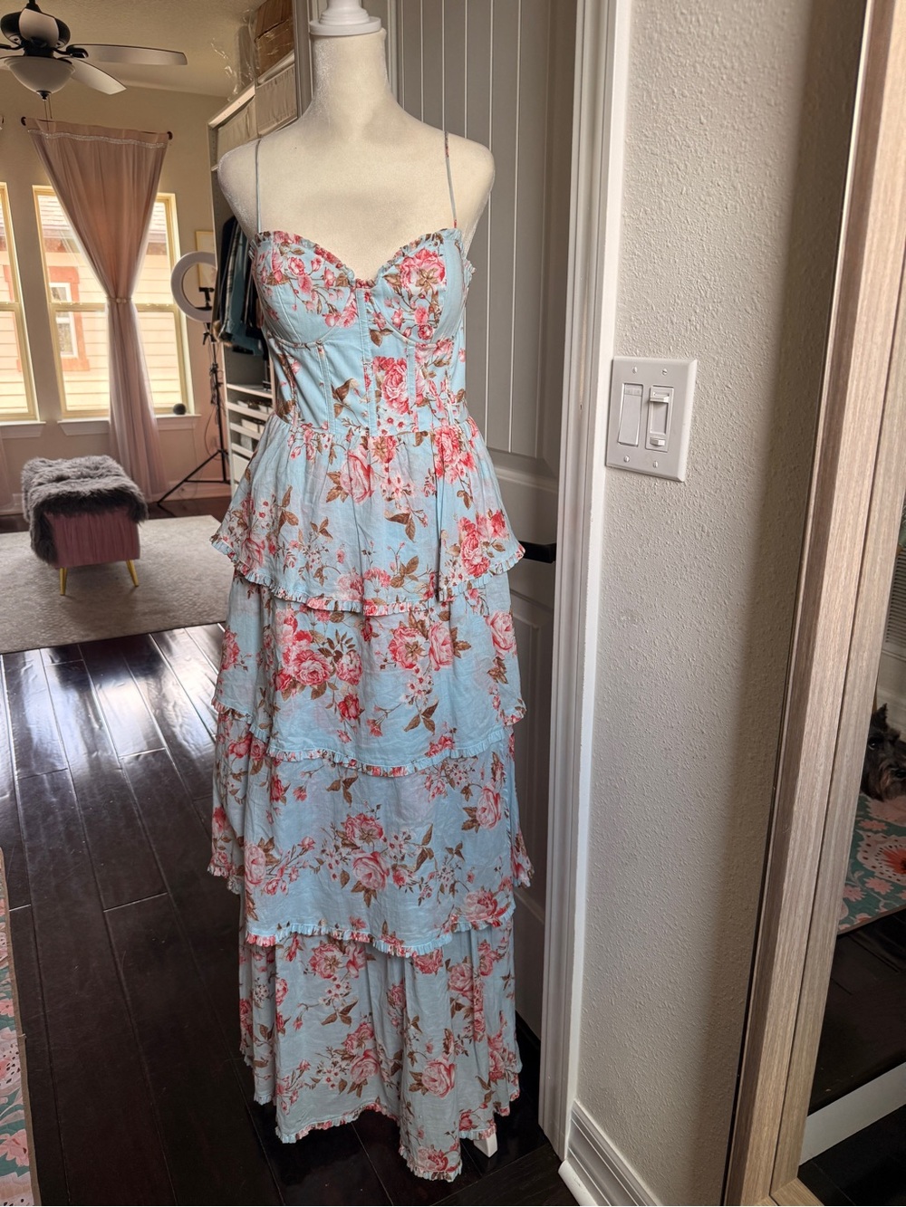 Altar'd State Light Blue Floral Corset Tiered Maxi Dress
